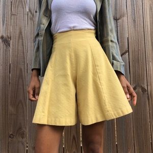 Vintage Pastel Yellow High-Waist Flare Shorts